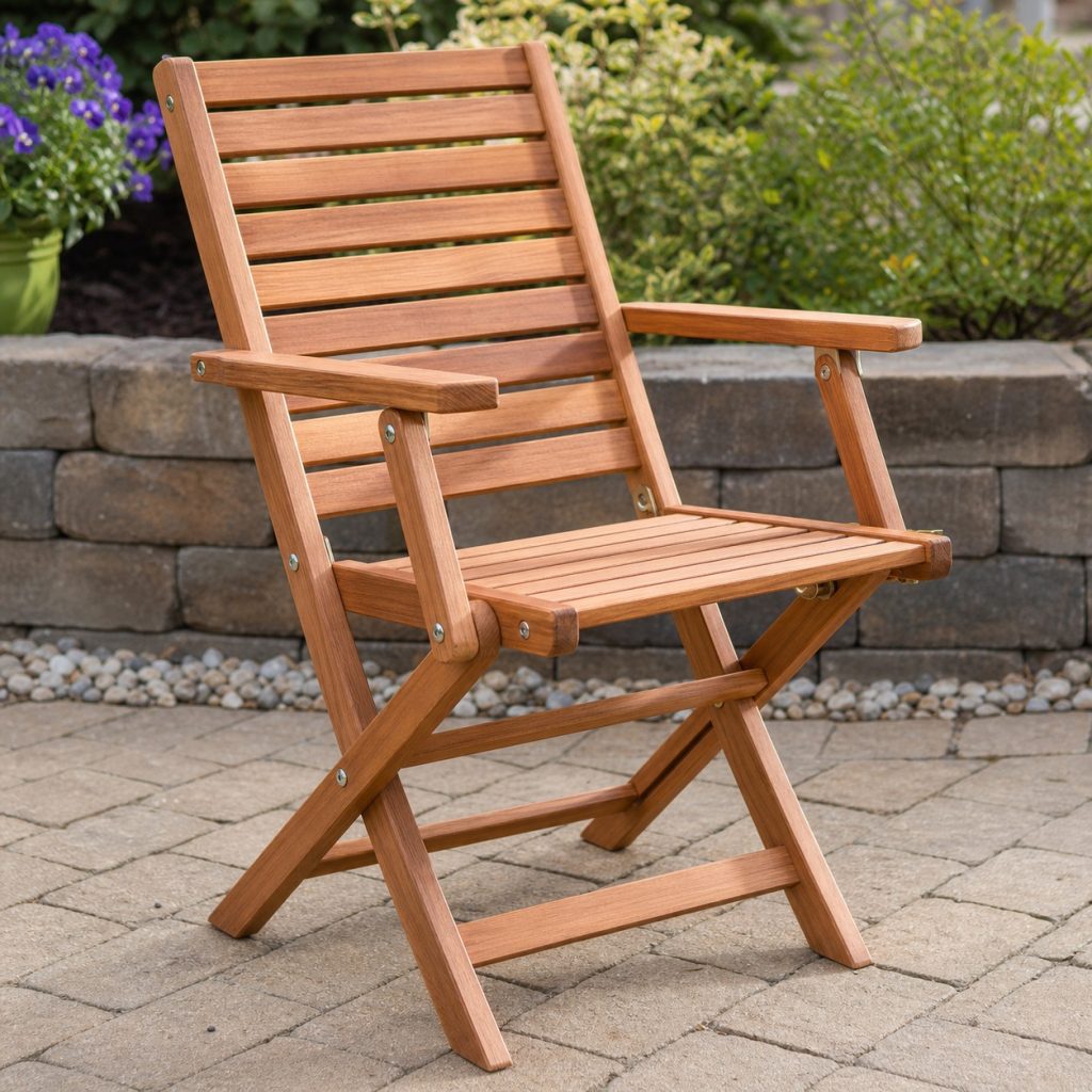 Folding wooden deck chair open with pivot bolts and positive spread stops