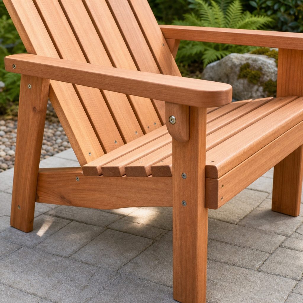 Close view of outdoor chair slat drainage and through-bolted arm support