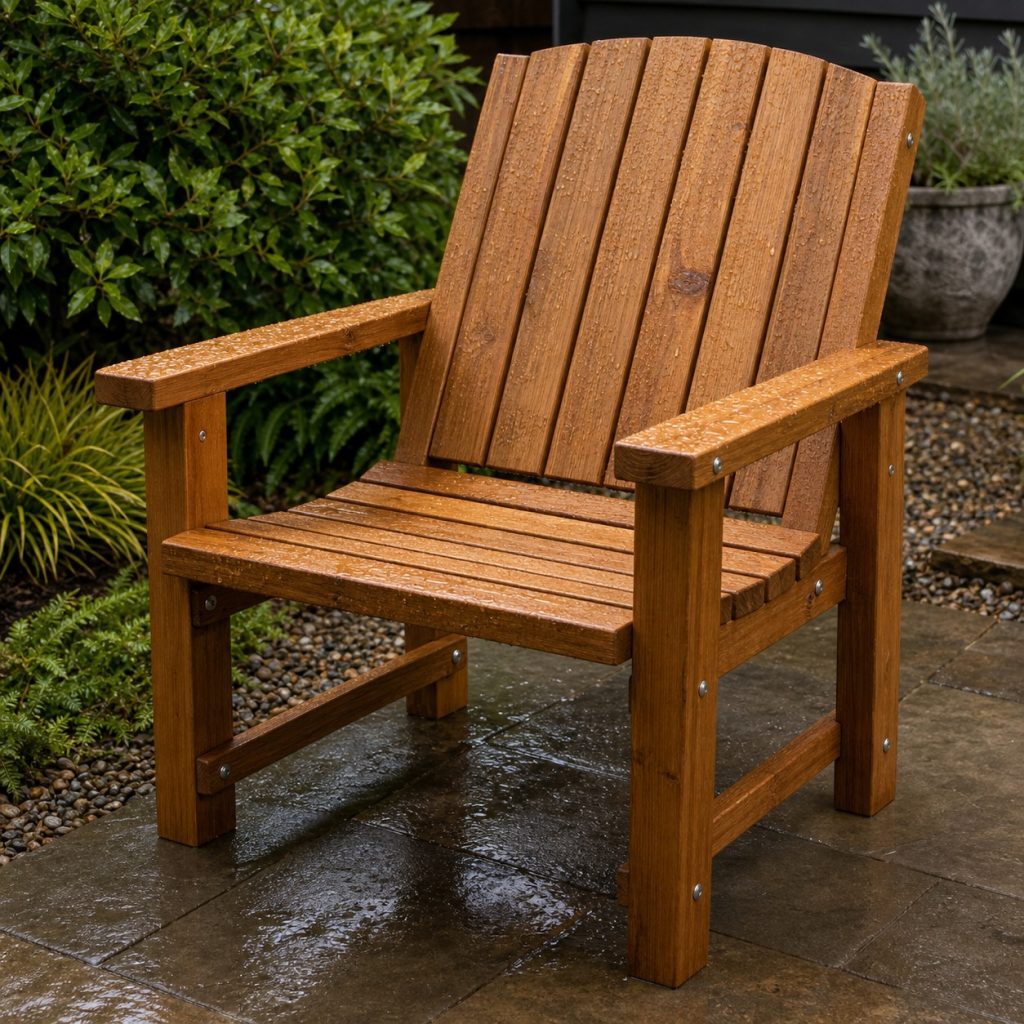 Weathered cedar outdoor chair after rain with raised feet and renewed finish