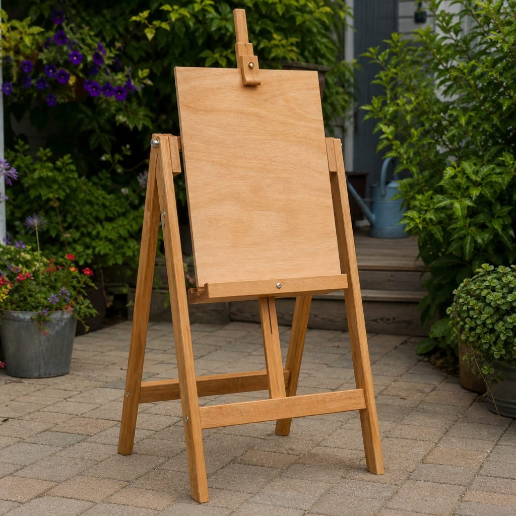 Sturdy wooden H-frame outdoor easel with adjustable blank panel support