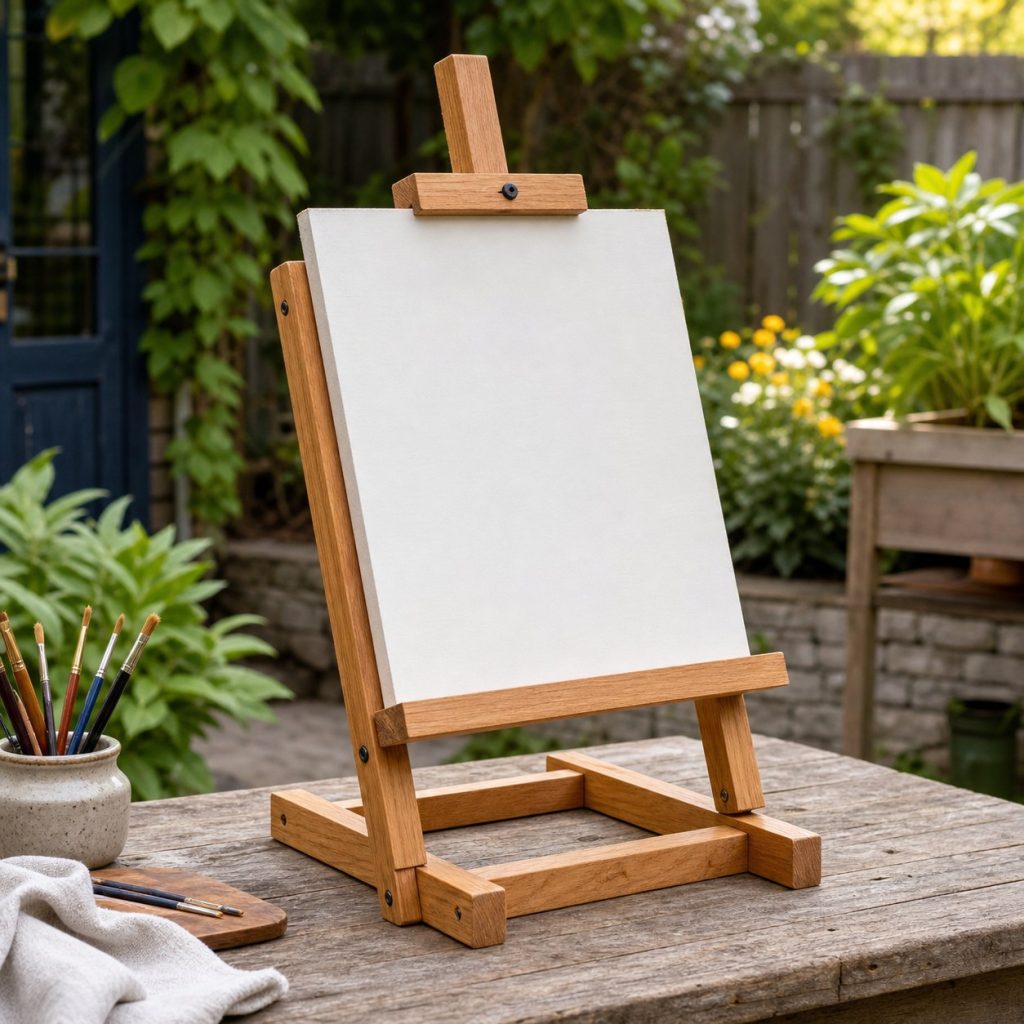 Small wooden tabletop easel holding a blank art panel on an outdoor workbench