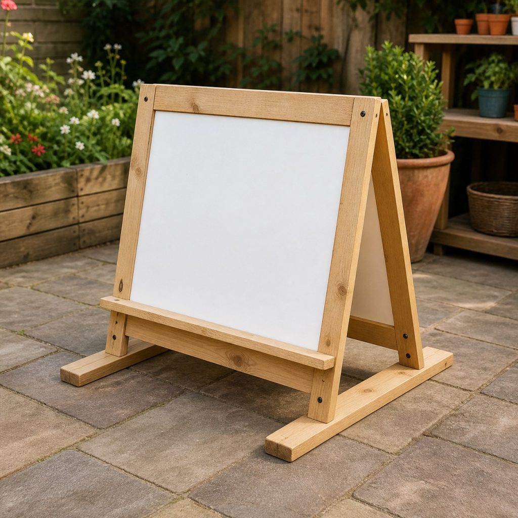 Low wooden double-sided outdoor art easel with blank panels and broad feet