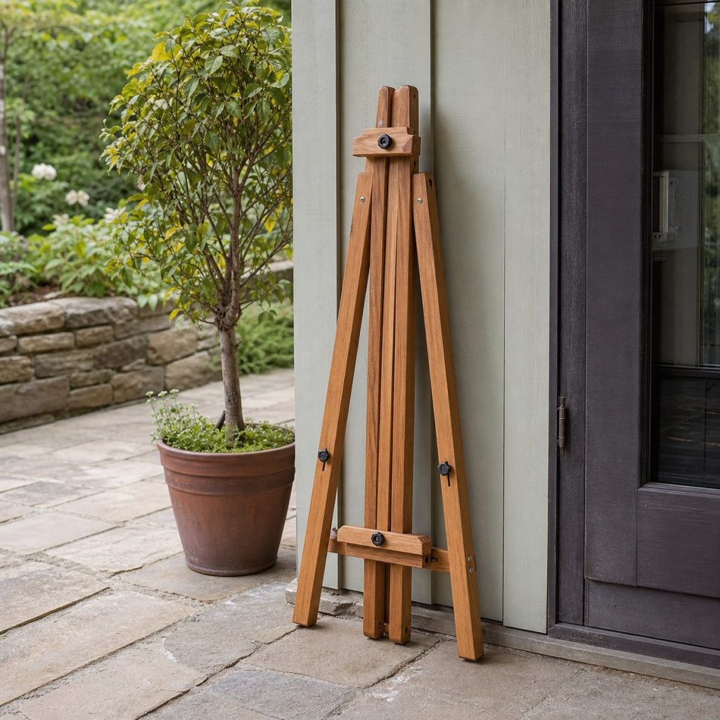 Three-legged wooden outdoor easel folded partly for covered storage