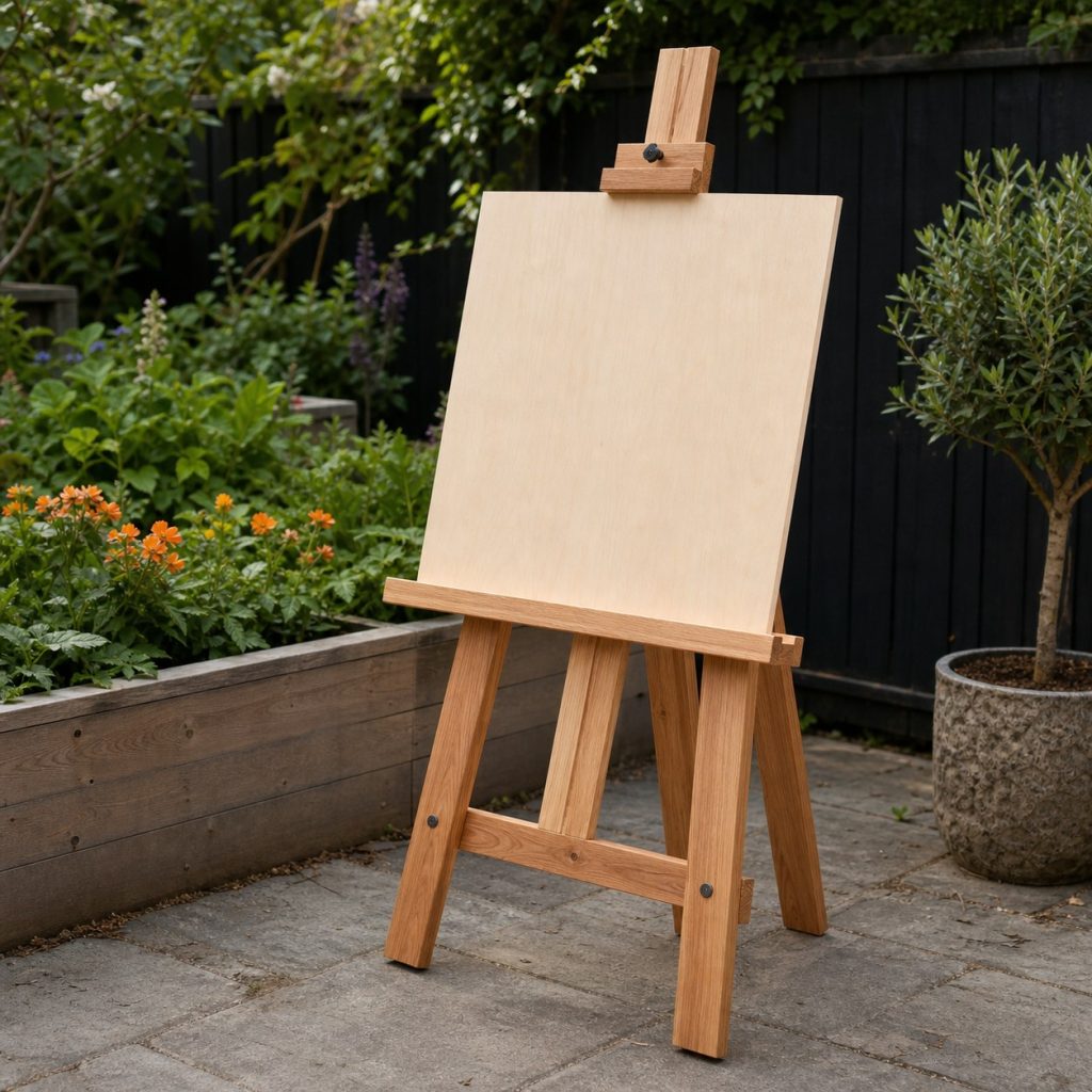 Wooden easel displaying a blank unlettered panel beside garden planters