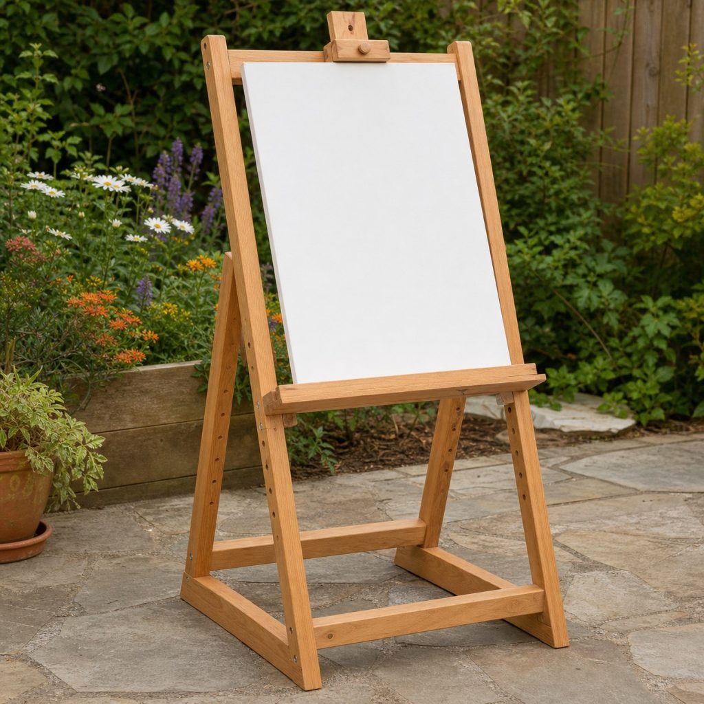 Wooden outdoor easel with peg-adjustable horizontal canvas shelf and blank board