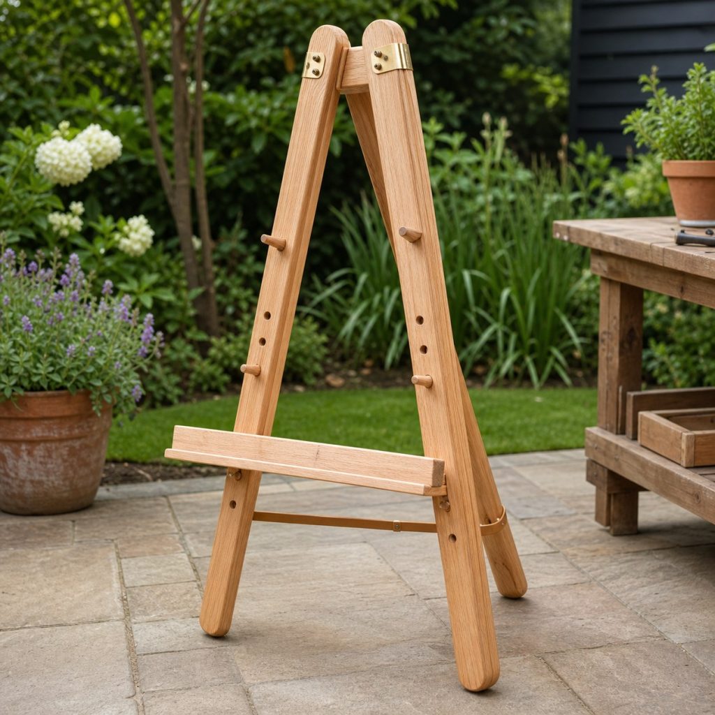 Close view of wooden easel hinges, rounded legs, positive spread strap, adjustable pegs, and sealed end grain