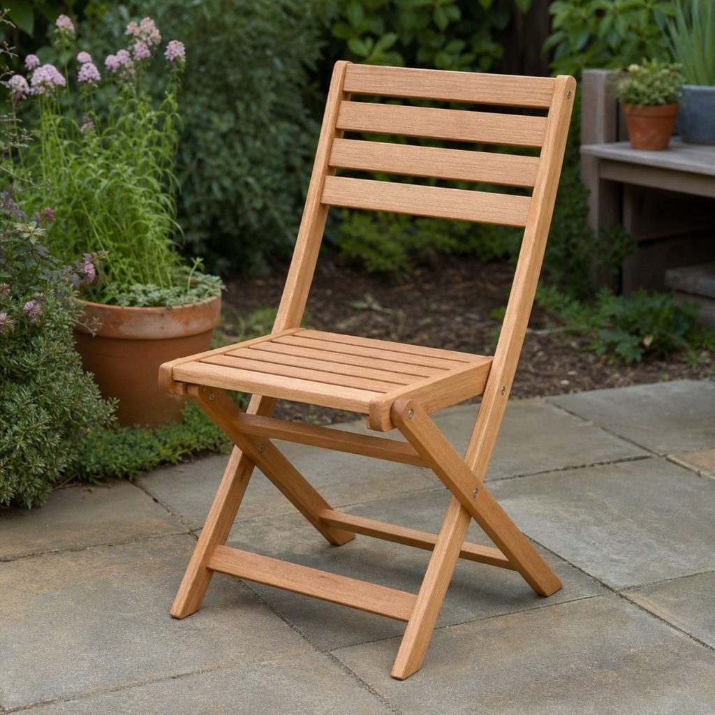 Wooden outdoor folding chair with slatted seat and back opened on a level patio