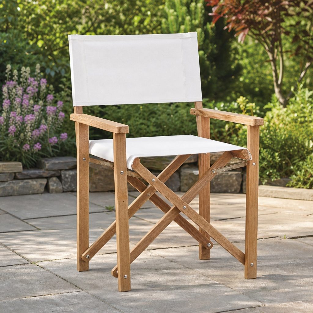 Wooden director-style outdoor chair frame with plain removable fabric seat and back