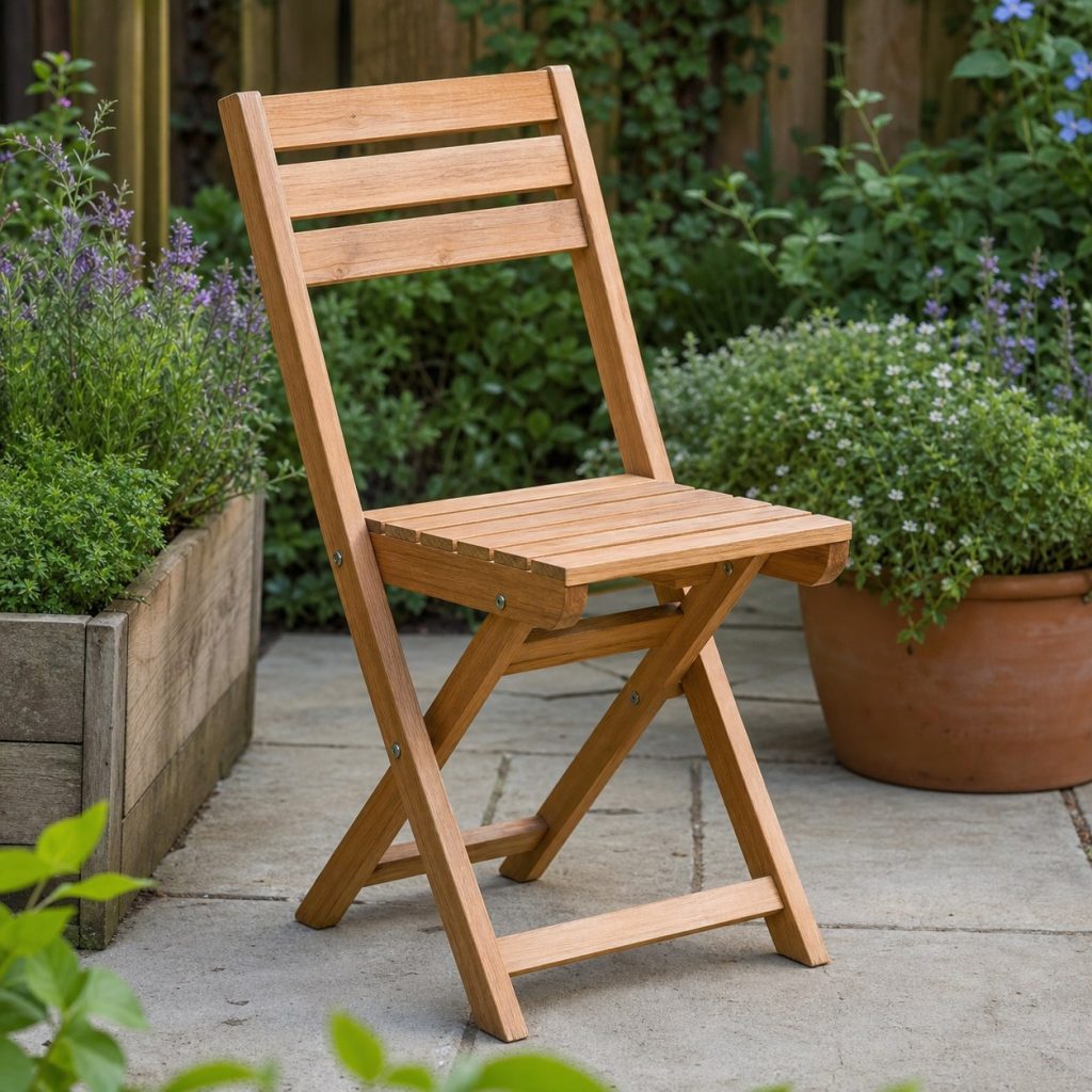 Narrow wooden folding bistro chair with simple slatted back in a garden