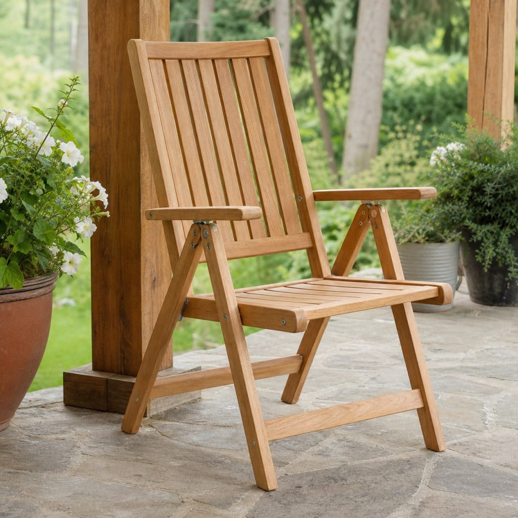Wooden outdoor folding chair with tall supportive slat back on a covered terrace