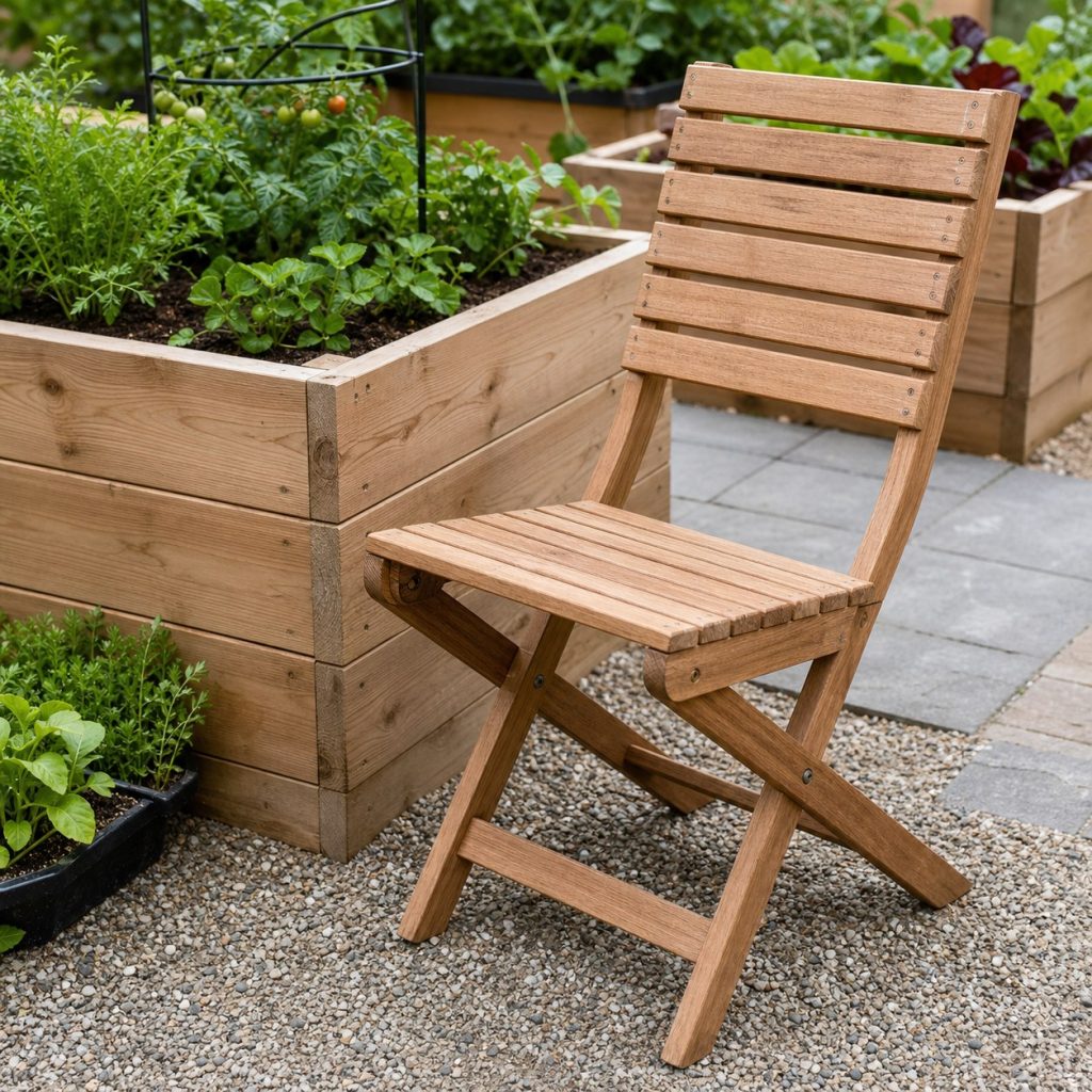 Armless wooden folding chair with rounded slats beside raised garden beds