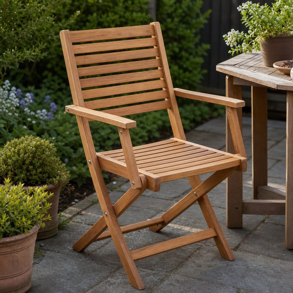 Wooden outdoor folding chair with slim arms and visible pivot bolts