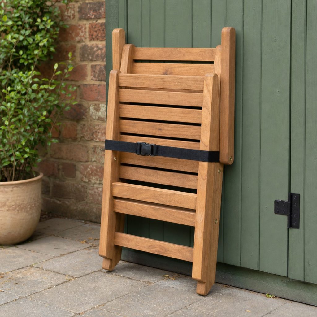 Wooden garden chair folded flat and secured for dry covered storage