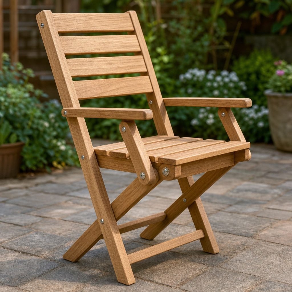 Close view of wooden folding chair through-bolts, washers, positive stops, rounded rails, and flush hardware