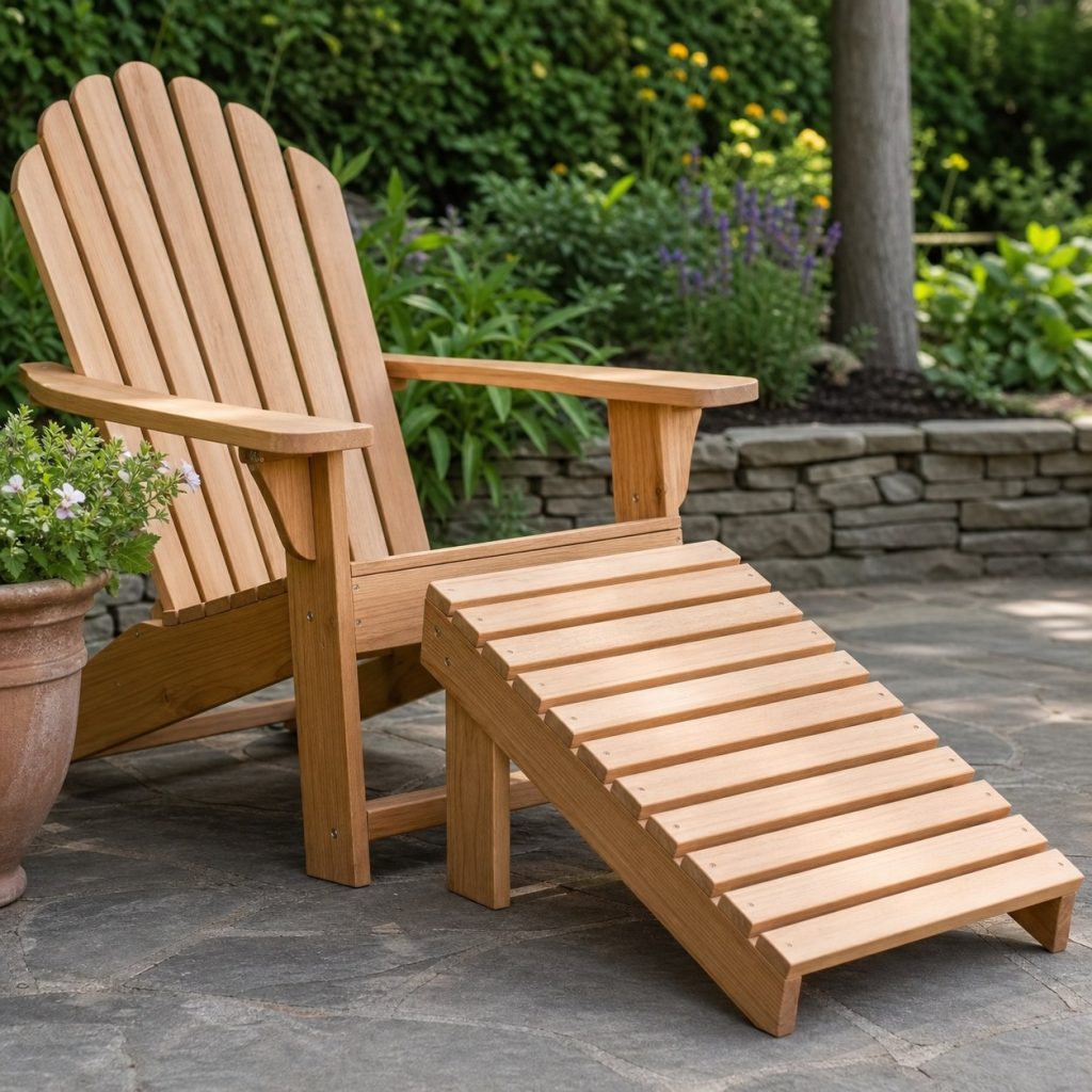 Sloped wooden footrest positioned in front of an Adirondack chair