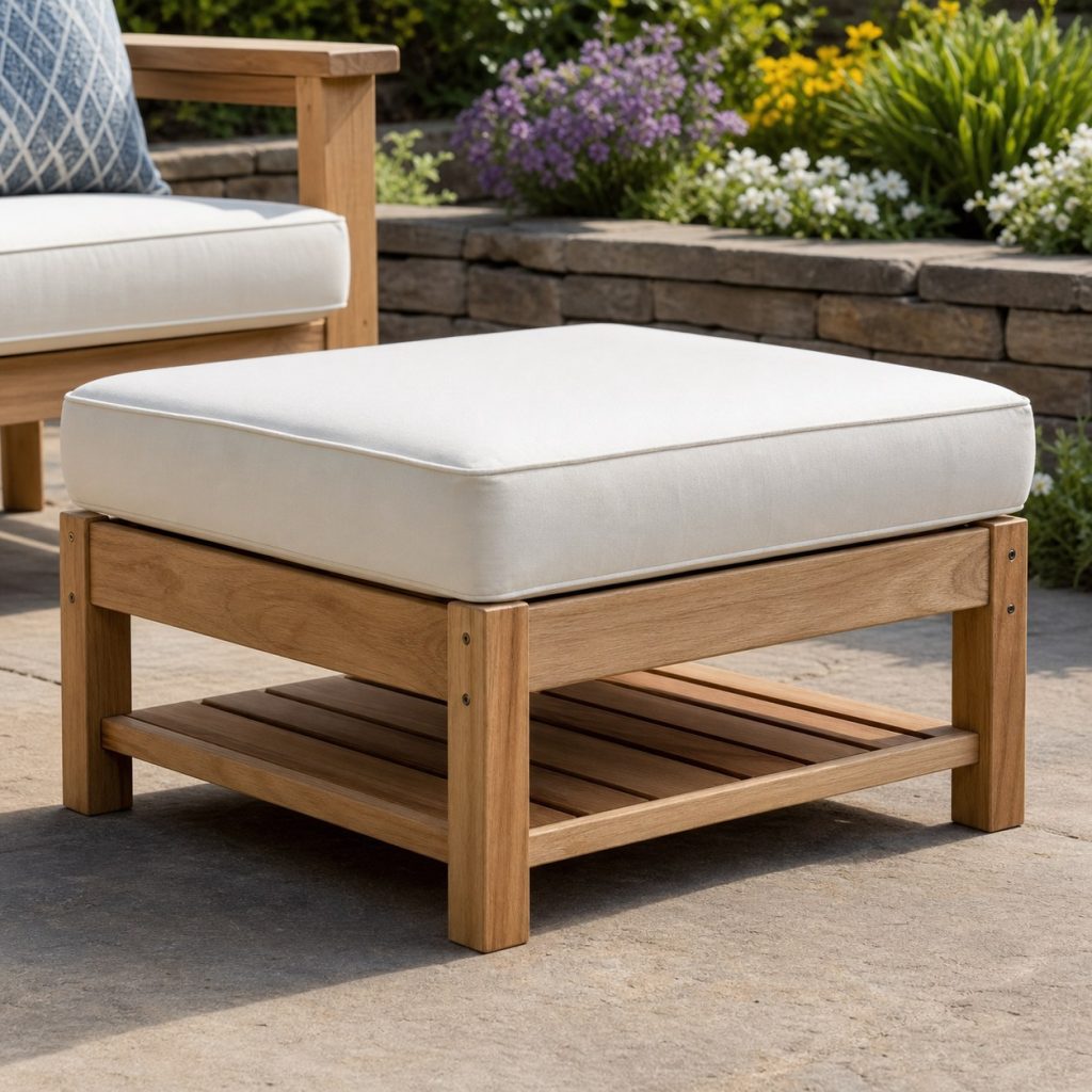 Wooden patio ottoman with a removable plain outdoor cushion and slatted base