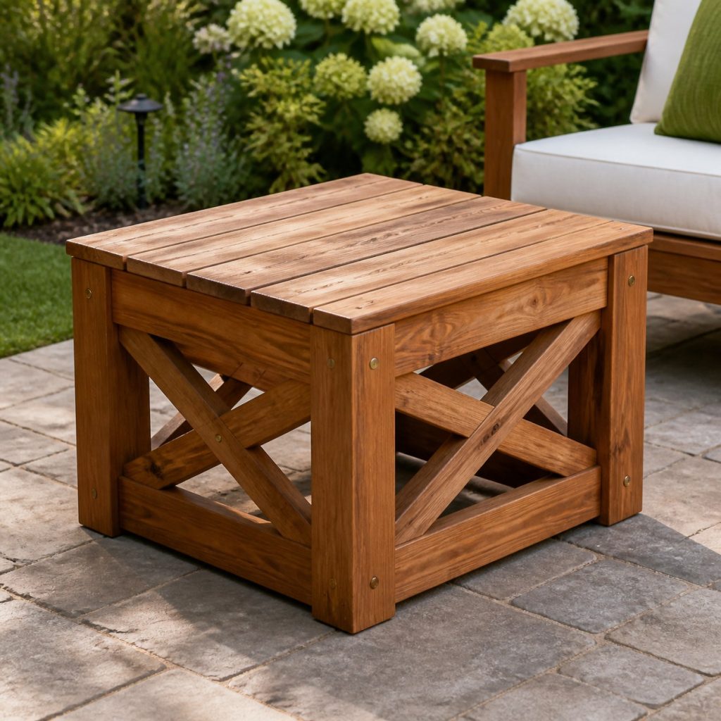 Wooden outdoor ottoman with crossed side frames and a flat slatted top