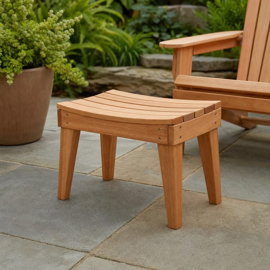 Compact wooden ottoman with gently tapered legs beside a garden chair