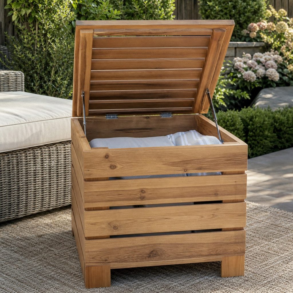 Wooden outdoor ottoman with lightweight hinged slatted lid open above ventilated storage