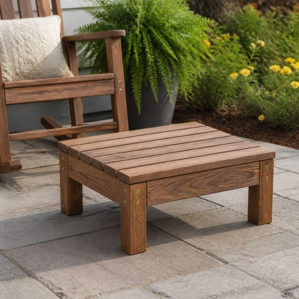 Low wooden ottoman coordinated with a porch rocker but placed outside its moving path