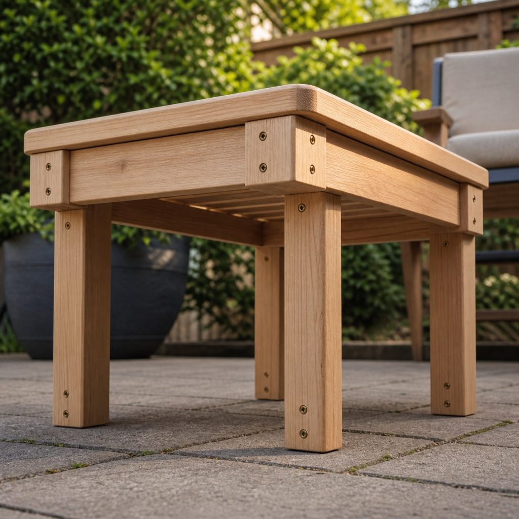 Close view beneath wooden ottoman showing corner blocks, exterior screws, slat gaps, and rounded edges