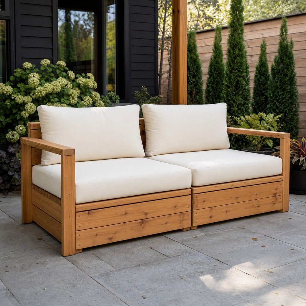 Two matching wooden outdoor sofa modules arranged together on a patio