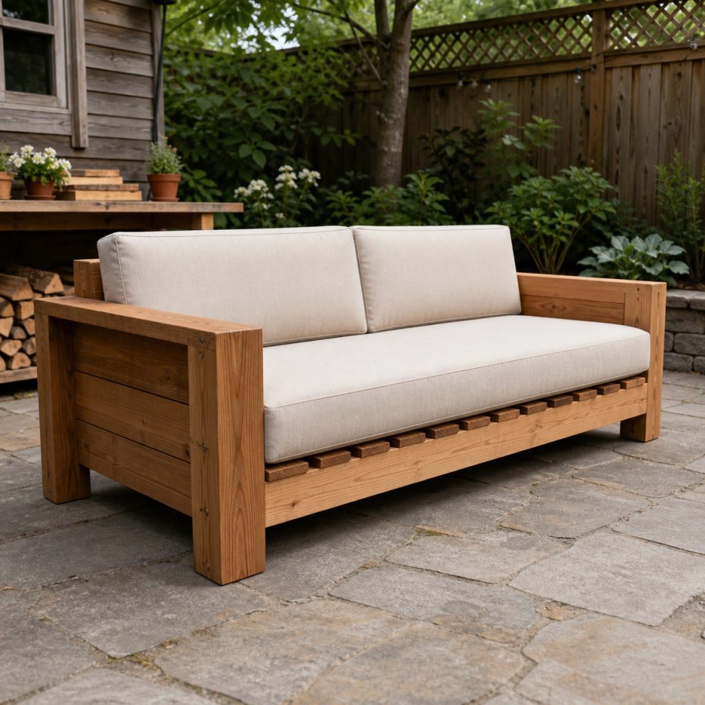 Deep low cedar patio sofa with broad arms thick outdoor cushions and slatted base