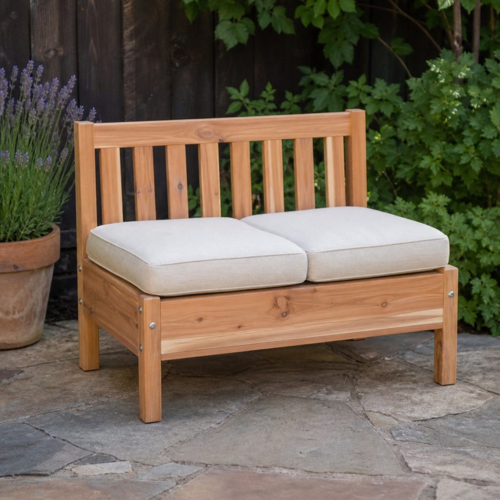 Compact armless wooden outdoor sofa with vertical slat back and two cushions