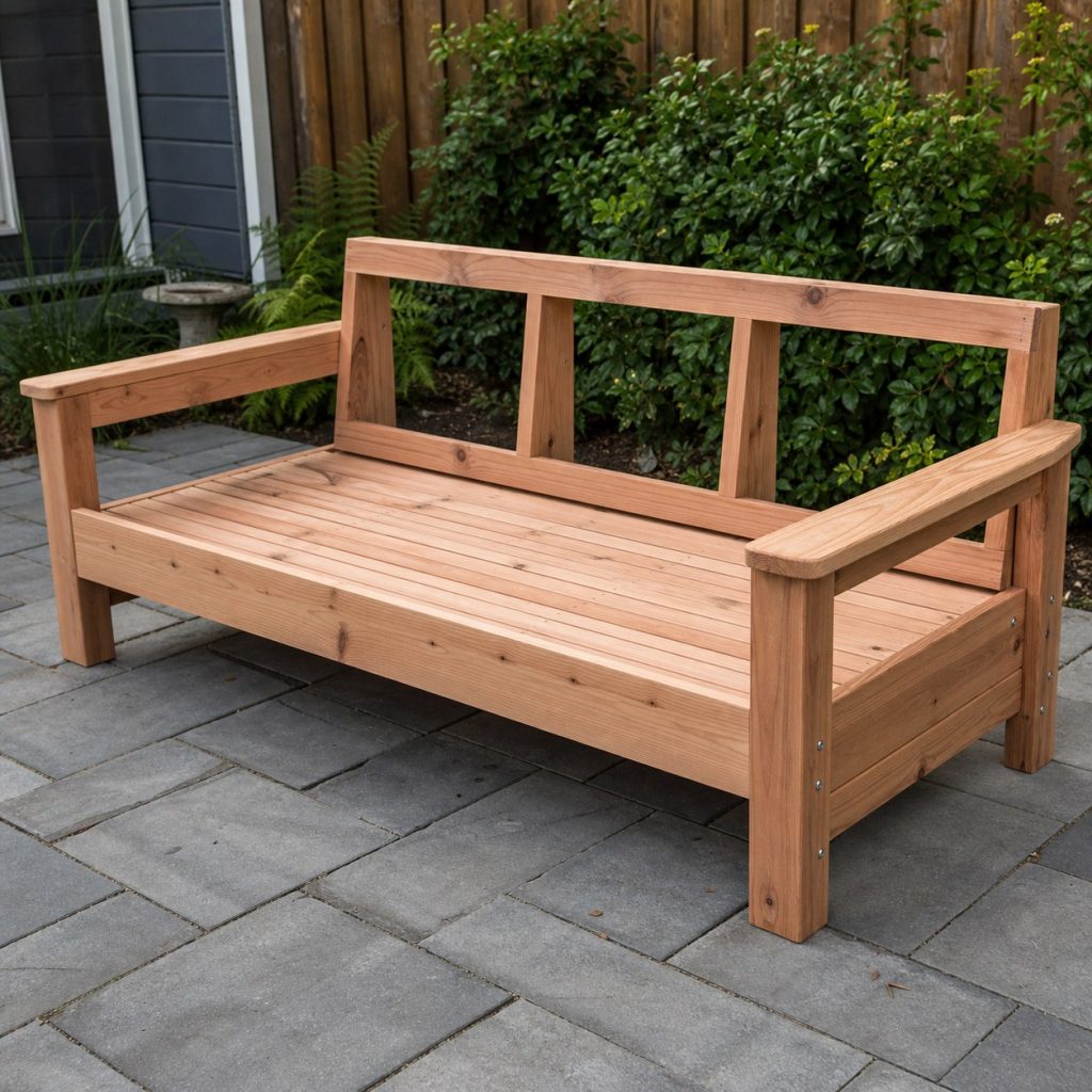 Outdoor sofa frame without cushions showing close-spaced drainable seat slats