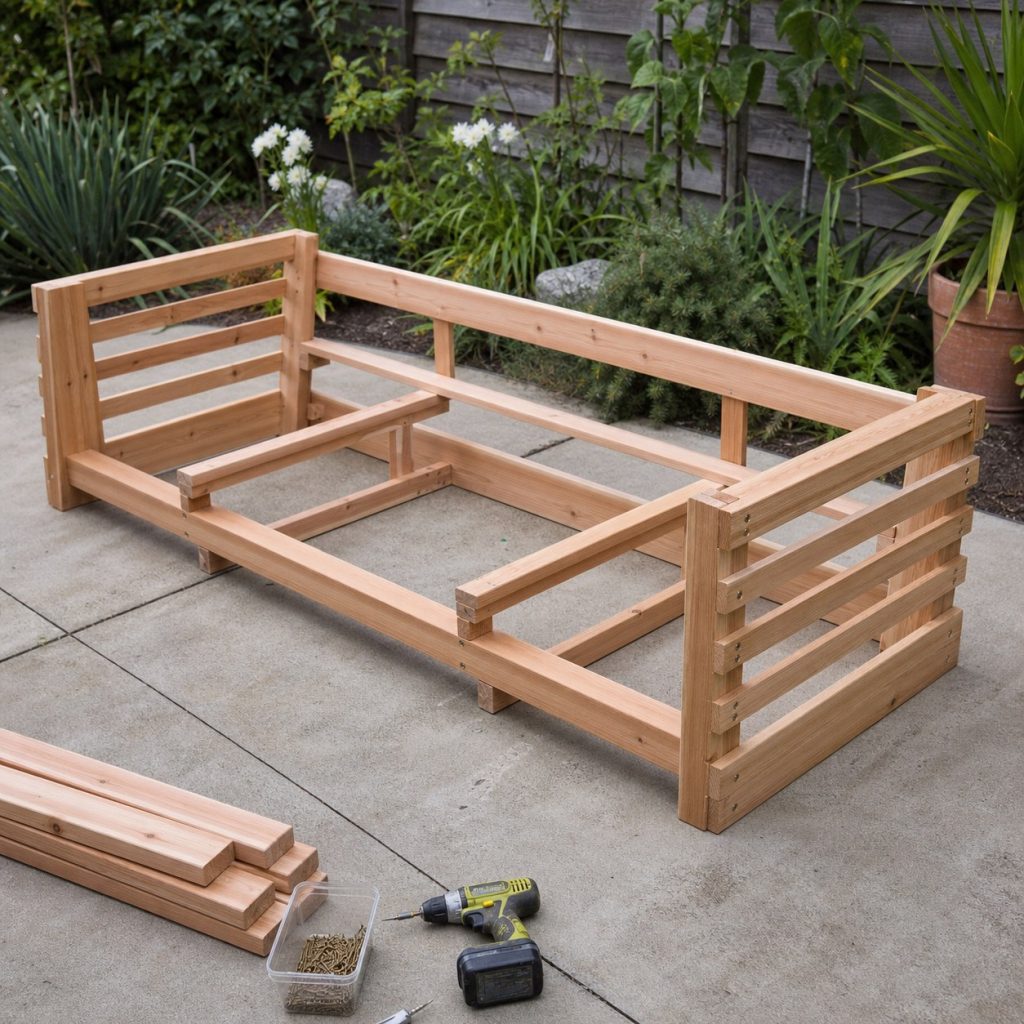 Outdoor sofa under assembly with side frames long rails braces and center supports