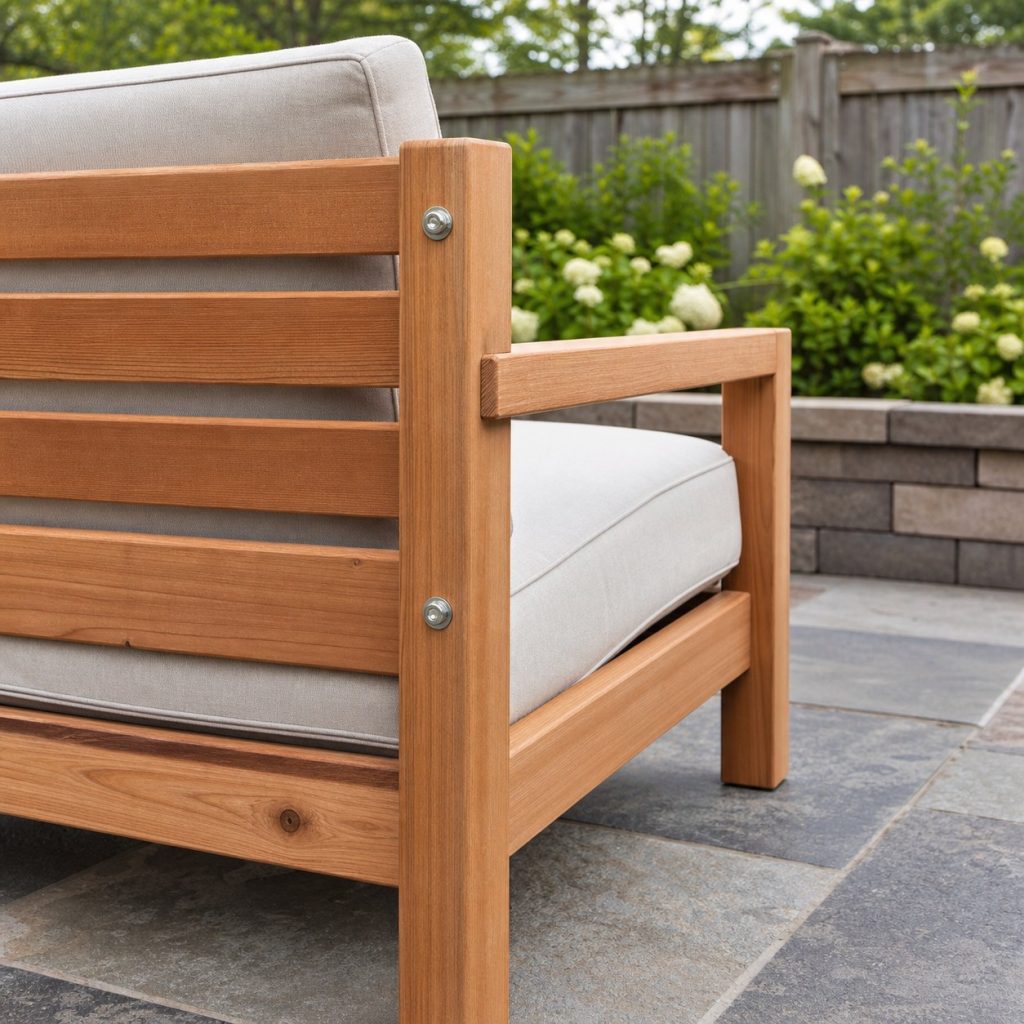 Close view of outdoor sofa through-bolted back post arm and eased slats
