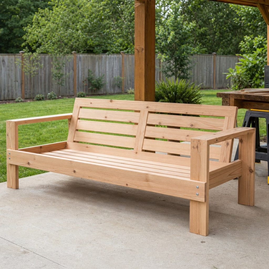 Clean cedar outdoor sofa without cushions drying beneath a covered patio