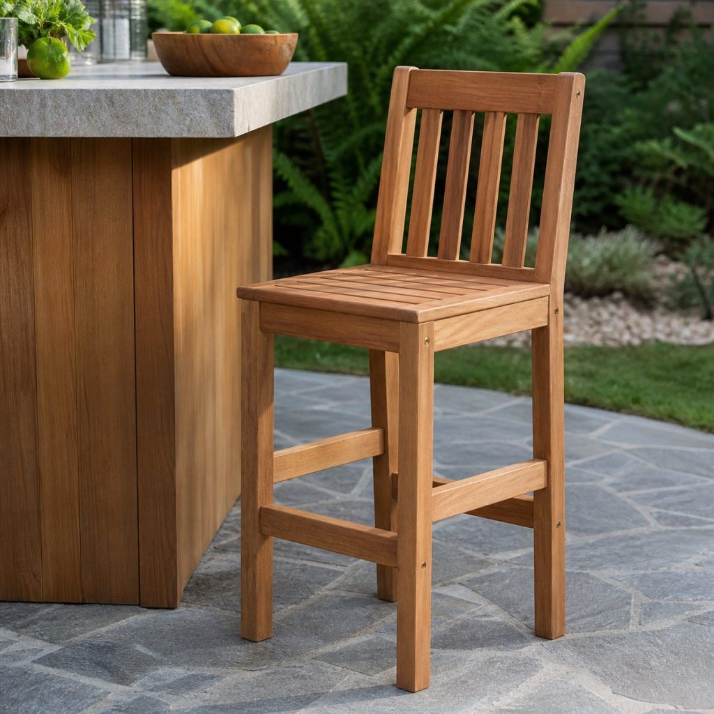 Wooden outdoor bar stool with vertical slat back beside a garden counter