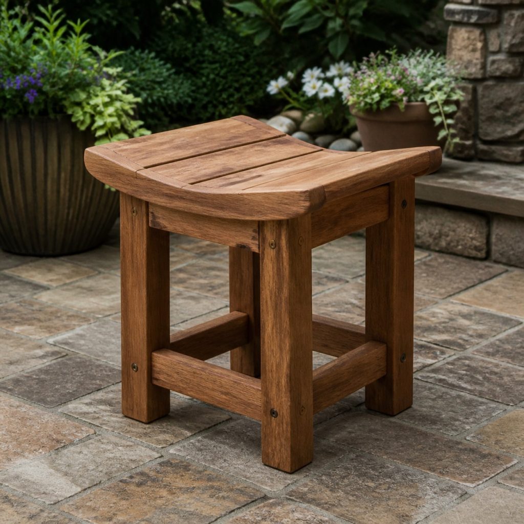 Wooden patio stool with a gently shaped saddle seat and sturdy square base