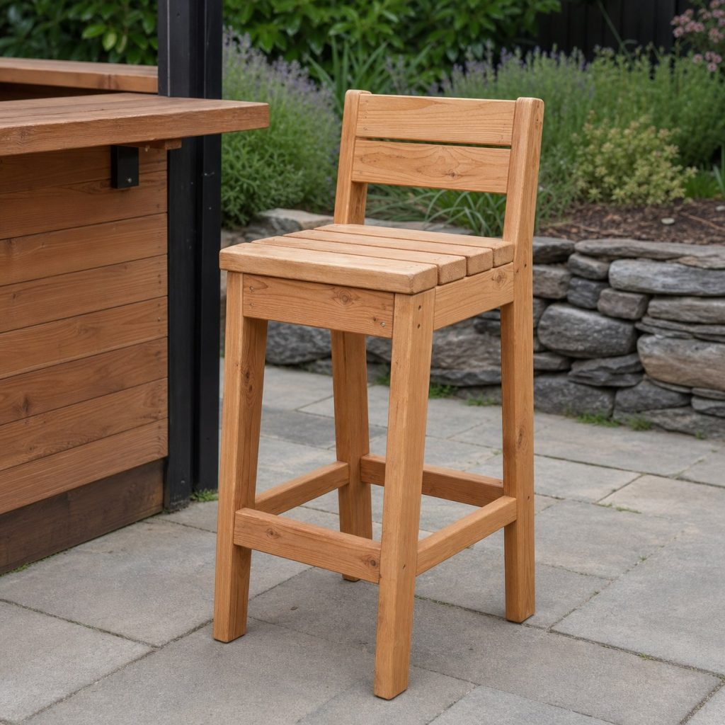 Wide wooden bar-height stool with low supportive back on level paving