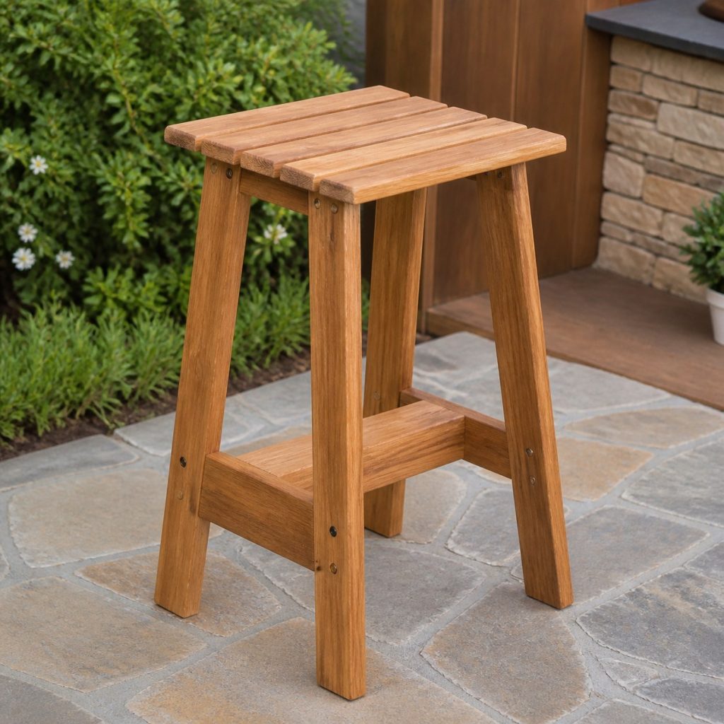 Wooden patio bar stool with two trestle side frames and central stretcher
