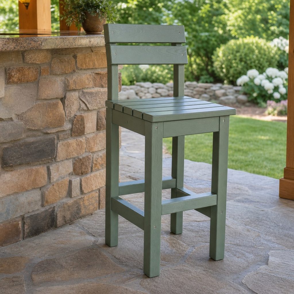 Painted wooden patio bar stool with smooth sealed edges under a covered terrace
