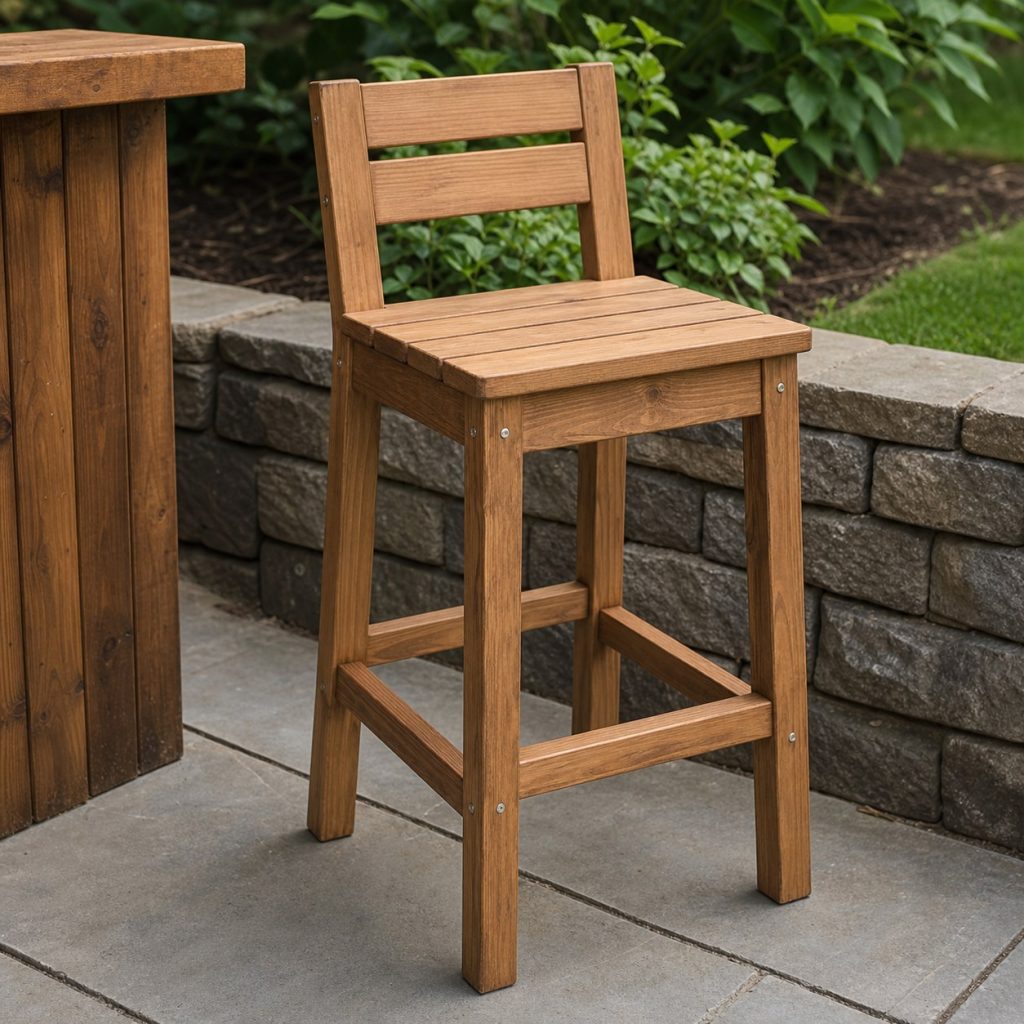 Wooden counter-height outdoor stool with short back and footrest