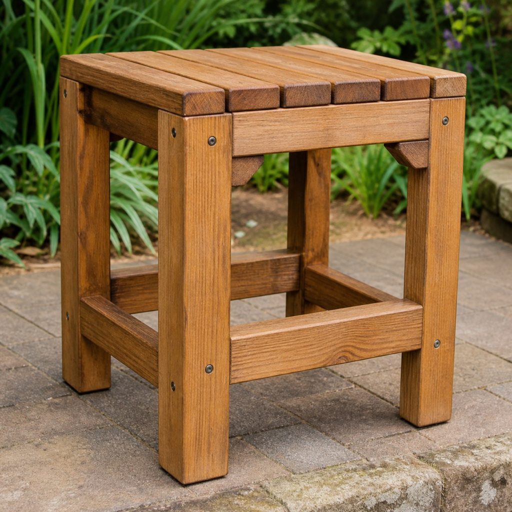 Close view of wooden patio stool leg rails, reinforced footrest, corner blocks, and flush exterior screws