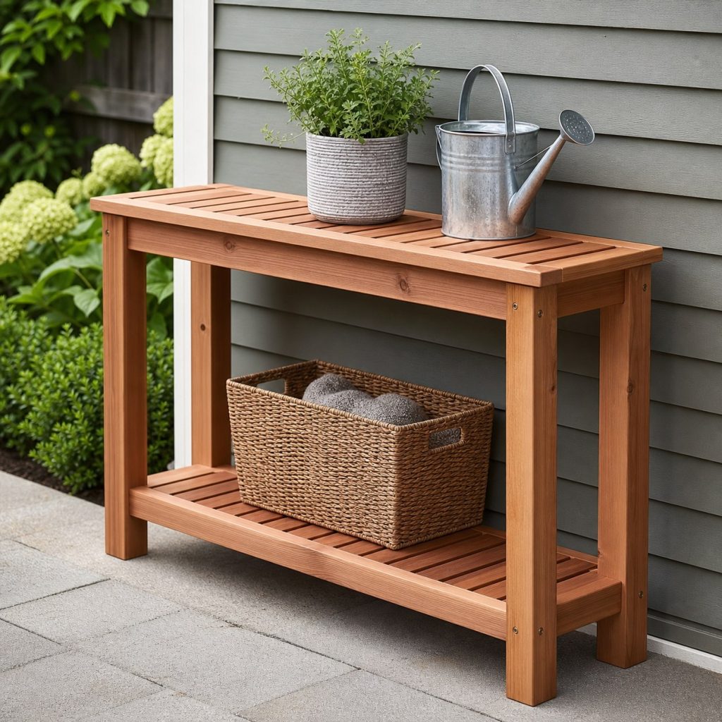 Narrow cedar patio console table with slatted top against an exterior wall
