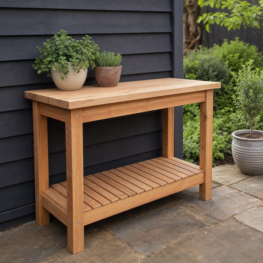 Wooden outdoor console table with full slatted lower shelf and simple top
