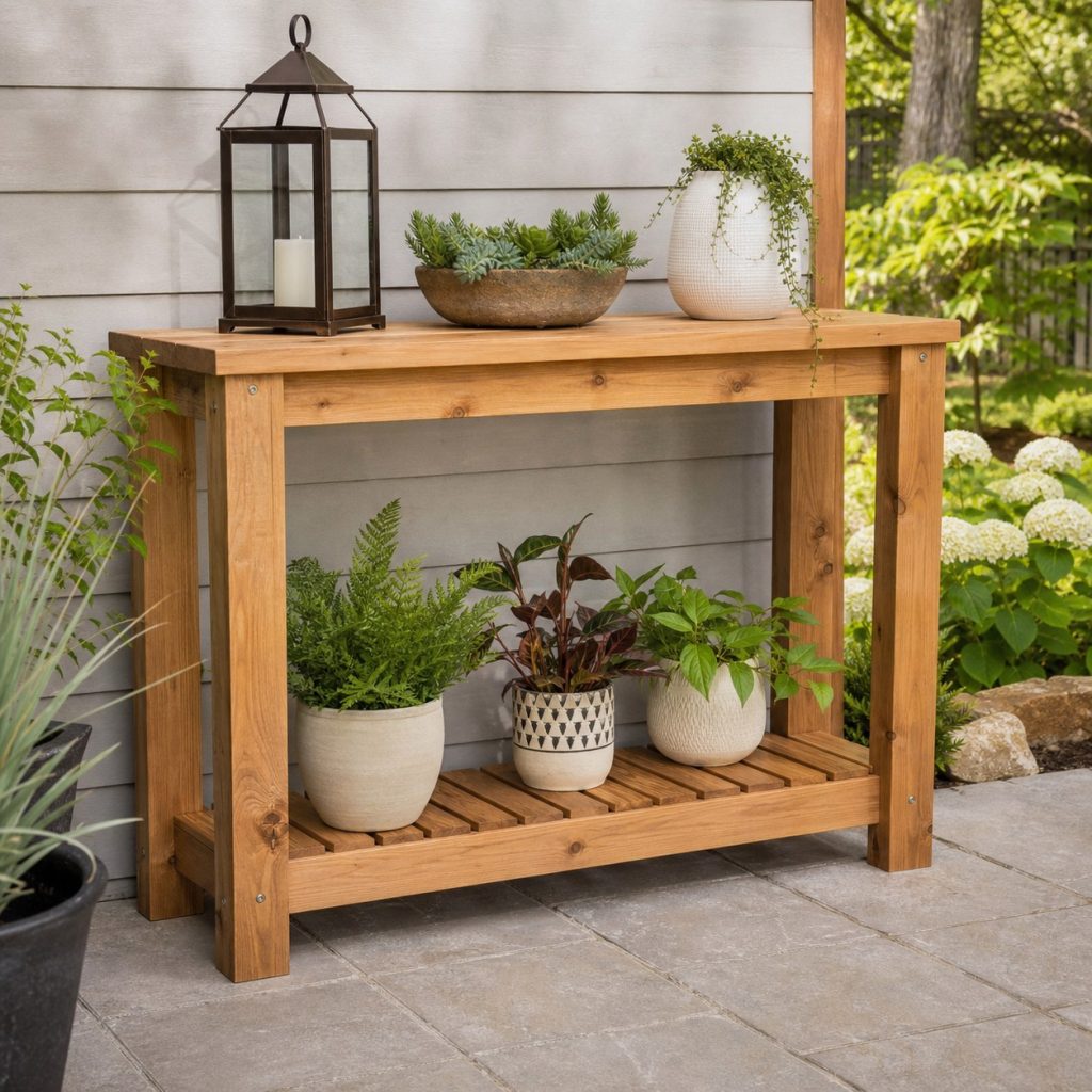 Wooden patio console with narrow upper top and lower plant shelf