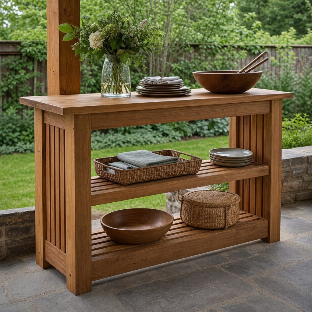 Wooden outdoor serving console with wide clear top and open back on a covered patio