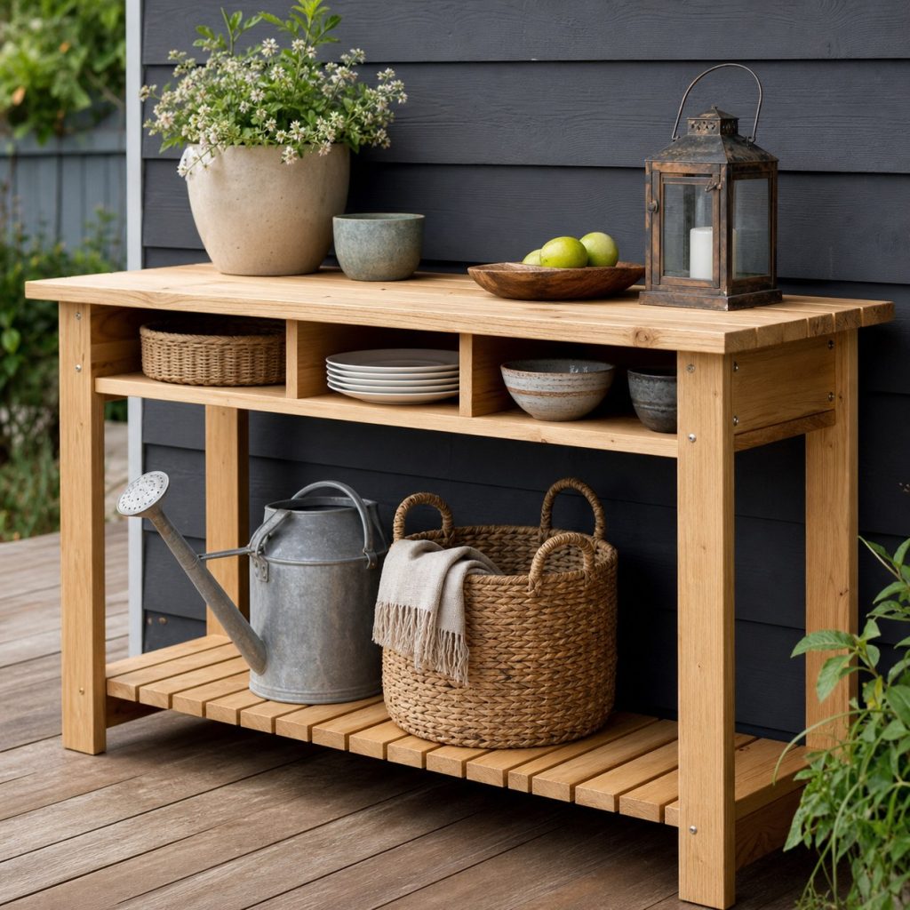 Simple wooden patio console table with shallow open cubbies and no drawers