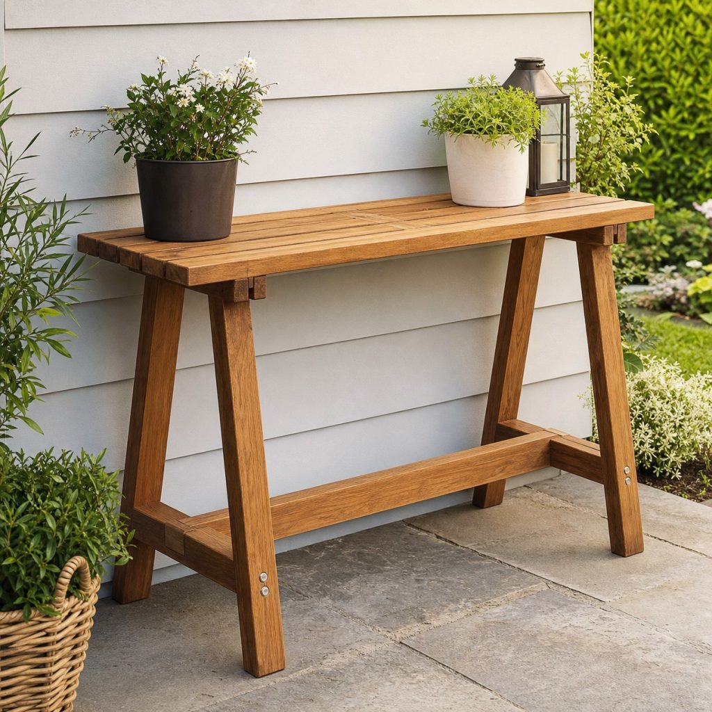 Narrow wooden patio console with two trestle ends and central stretcher
