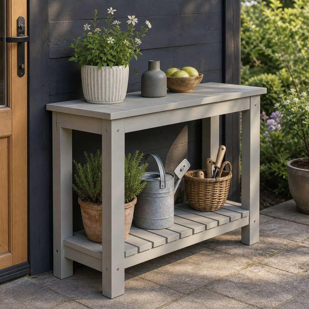 Painted wooden outdoor console with smooth weather-ready finish beside a garden door