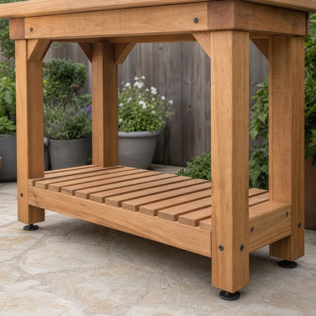 Close view beneath wooden console showing mortised rails, shelf slats, diagonal corner blocks, and adjustable outdoor feet