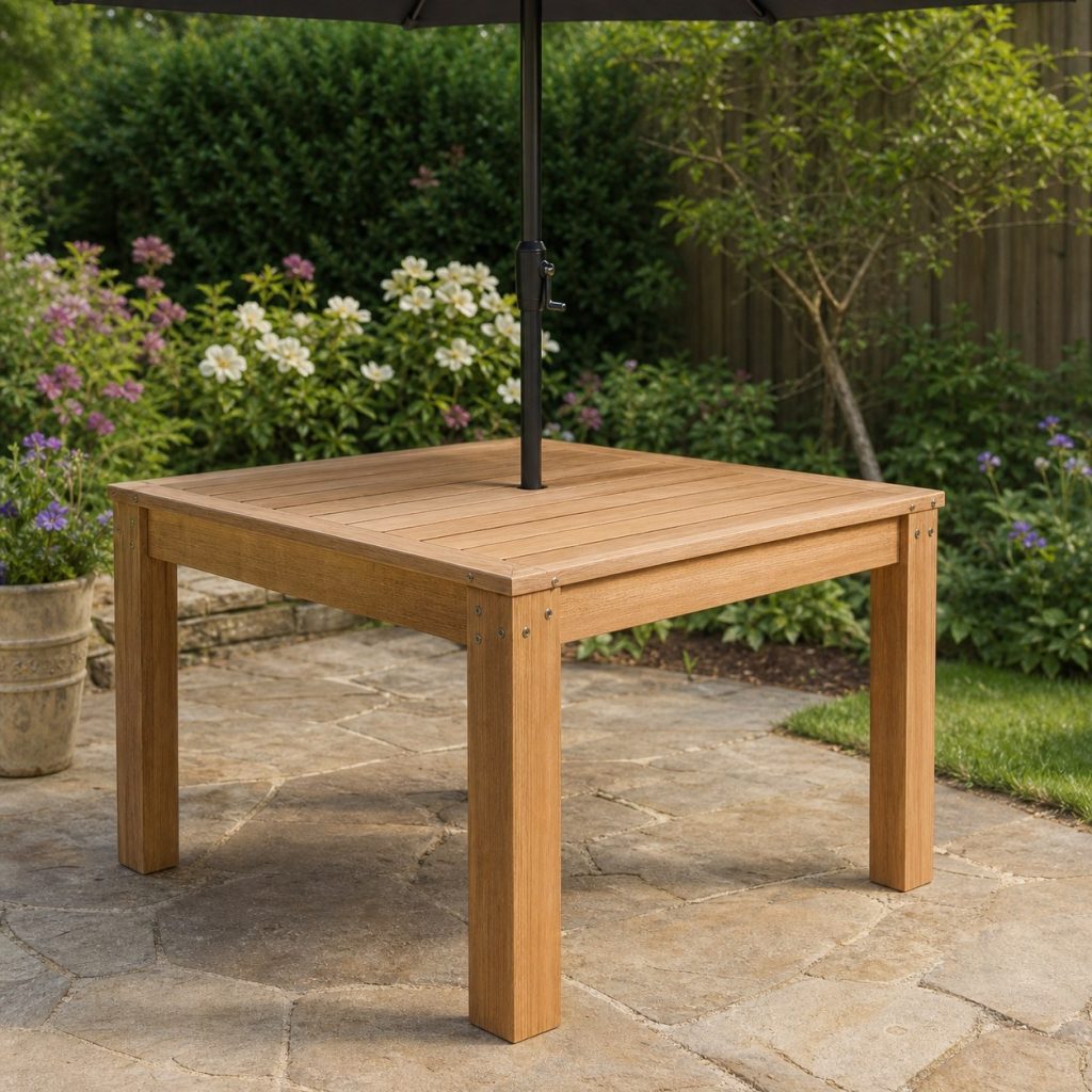 Square wooden umbrella table with four open sides and central umbrella pole
