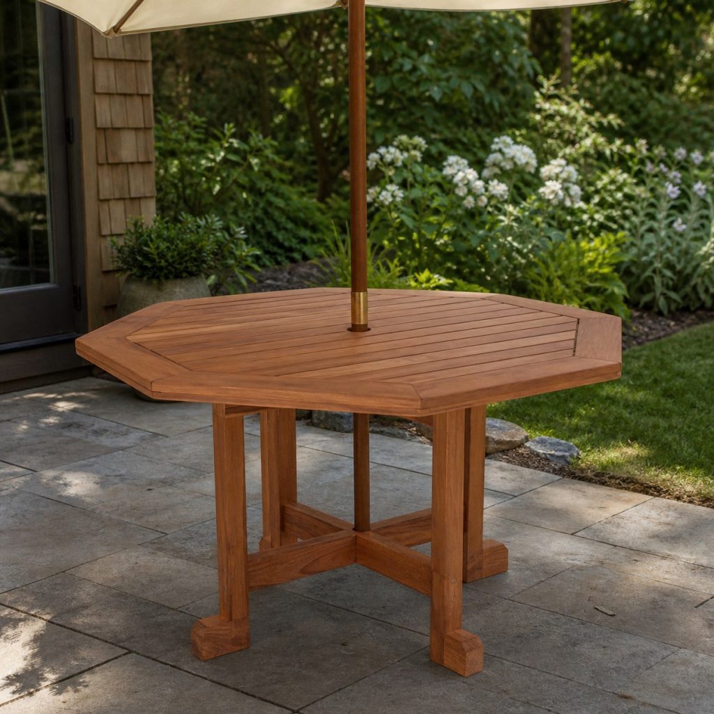 Octagonal cedar patio umbrella table on a paved garden terrace