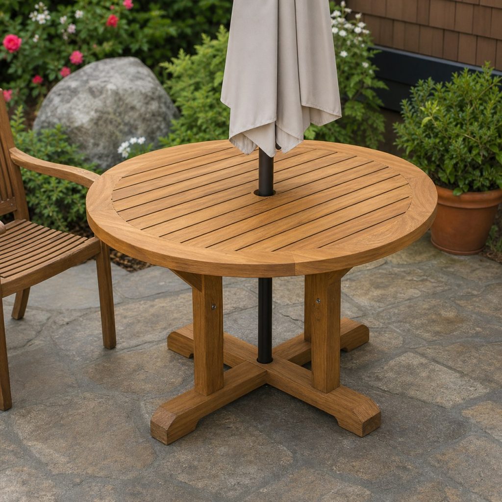 Small round wooden bistro table around a closed patio umbrella